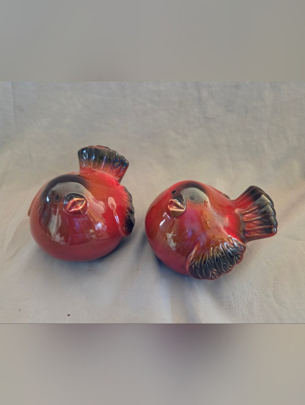 Ceramic Red Decorative Fat Bird Figurines - Pair